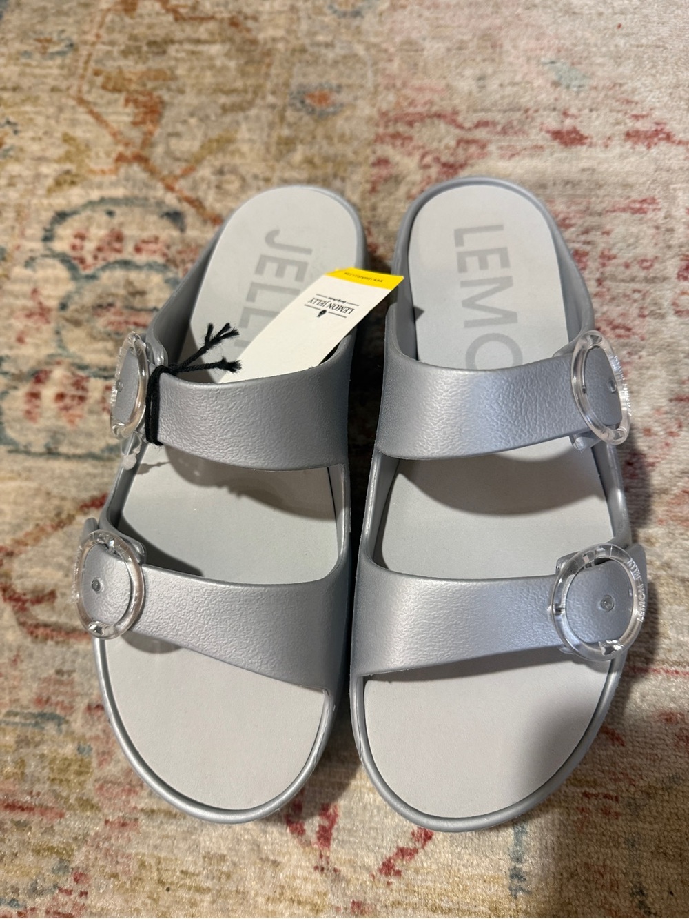 Lemon Jelly Silver Slide Sandals with Clear Buckles